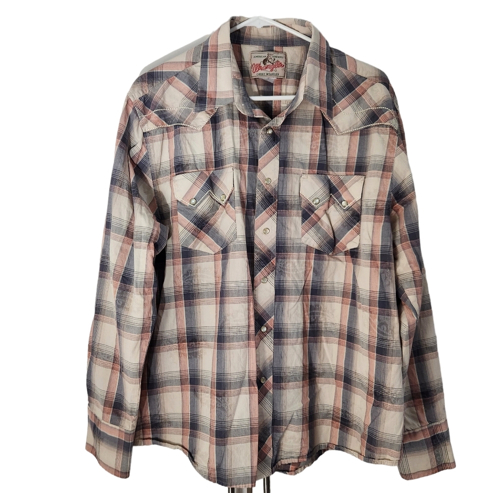 Wrangler Vintage Brush Popper Western Plaid Pearl Snap Shirt Mens Medium/Large